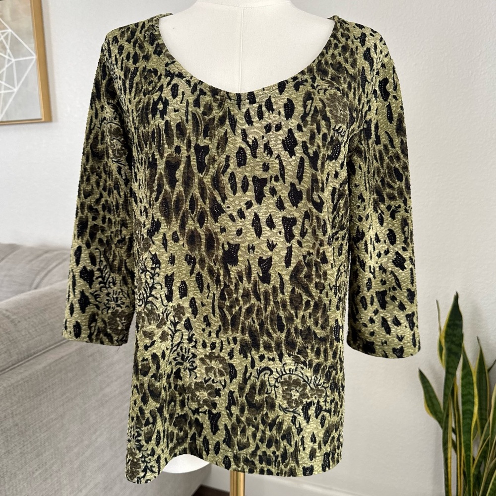Y2K Top M Green Psychedelic Swirls Grunge Hippie Festival 3/4 Sleeves Blouse 90s
